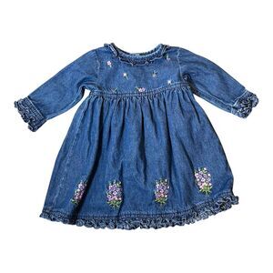 Vtg Cotton Kids 24M Blue Denim Dress Flower Embroidered Ruffle Neck Long Sleeve